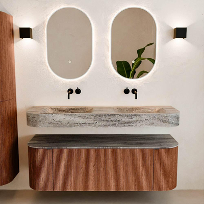 MONDIAZ THOR-DLUX 140cm meuble de salle de bains arrondi gauche + droite couleur Ruby avec 1 tiroir et 2 portes. Vasque suspendue CLOUD Double sans trou de robinet couleur Oza.