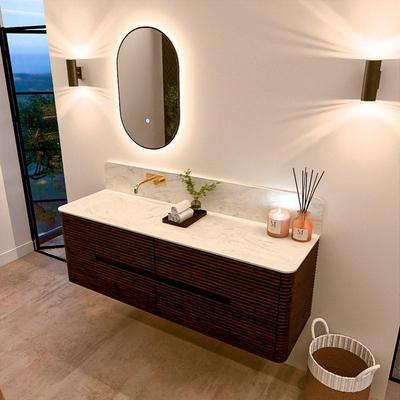 Mondiaz CIRO-DLUX Meuble de salle de bains - 150x45x50cm - vasque solid surface Opalo - 1 lavabo à gauche - sans trous de robinet - 4 tiroirs - Noyer