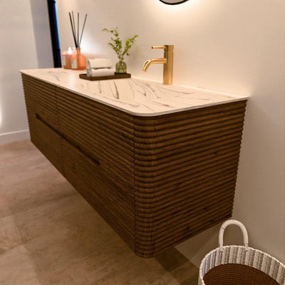 Mondiaz CIRO-DLUX Badkamermeubelset - 150x45x50cm - Solid surface wastafel Nata - 1 wasbak Rechts - 1 kraangat - 4 lades - Dusk