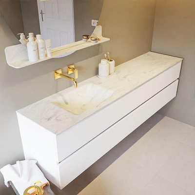 MONDIAZ VICA-DLUX Ensemble meuble de salle de bains - 200cm - meuble bas talc - 4 tiroirs - lavabo encastré cloud gauche - sans trous de robinet - version haute 60cm - opalo
