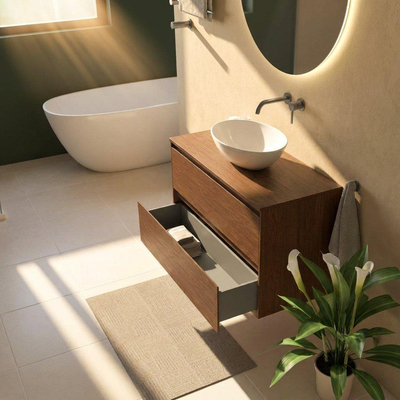 Saniclass Holz Pure Ensemble de meubles de salle de bains - 100x45x62cm - plan de travail en bois - sans trou de robinetterie - 2 tiroirs - walnut pure mat (bois)