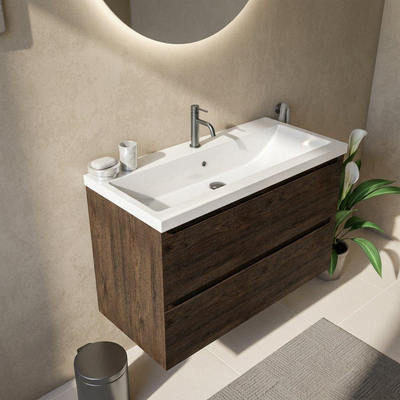 Saniclass Holz Pure Ensemble meuble de salle de bains - 100x45x63.5cm - Bari lavabo en céramique blanc - 1 vasque - 1 trou de robinetterie - 2 tiroirs - chêne charcoal mat (bois)