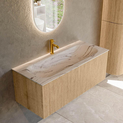 MONDIAZ KURVE-DLUX 110cm badmeubel kleur Oak met 1 lade en 0 deuren. Wastafel BIG MEDIUM Midden 1 kraangat Nata.
