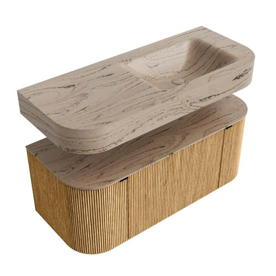 MONDIAZ THOR-DLUX 110cm badmeubel ronding links + rechts kleur Oak met 1 lade en 2 deuren. Vrijhangende wastafel CLOUD Rechts zonder kraangat kleur Arena.