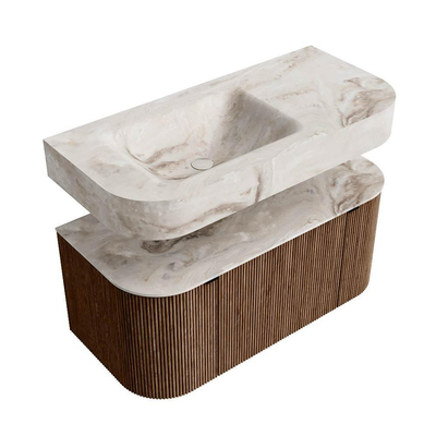 MONDIAZ THOR-DLUX 100cm meuble de salle de bains arrondi gauche + droite couleur Walnut avec 1 tiroir et 2 portes. Vasque suspendue CLOUD gauche sans trou de robinet couleur Frappe.