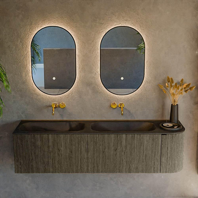 Mondiaz KURVE Ensemble meuble de salle de bains - 165x46x40cm - 2 tiroirs - 1 porte - lavabo solid surface - double / gauche - sans trou de robinet - Shadow