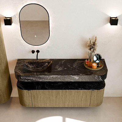 MONDIAZ THOR-DLUX 150cm meuble de salle de bains arrondi gauche + droite couleur Dusk avec 1 tiroir et 2 portes. Vasque suspendue CLOUD gauche sans trou de robinet couleur Lava.