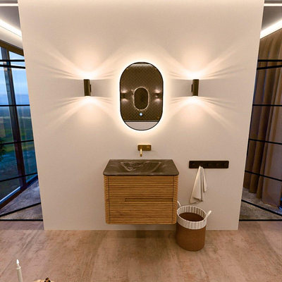 Mondiaz CIRO-DLUX Meuble de salle de bains - 70x45x50cm - lavabo solid surface Lava - 1 vasque au milieu - sans trous de robinet - 2 tiroirs - Chêne