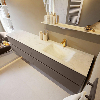 Mondiaz VICA-DLUX ensemble de meuble de salle de bain - 200cm - meuble sous-vasque fumée - 4 tiroirs - lavabo encastré nuage droite - 1 trou de robinet - version haute 60cm - opalo