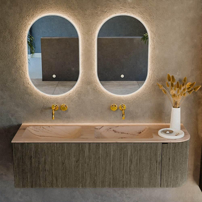 MONDIAZ KURVE-DLUX 145cm badmeubel ronding Rechts kleur Shadow met 1 lade en 1 deur. Wastafel LEAF Dubbel / Links zonder kraangat Arena.