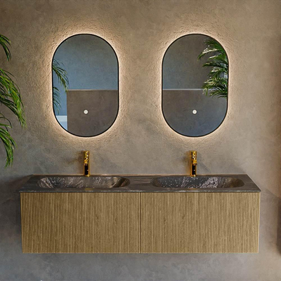 Mondiaz KURVE-DLUX Ensemble de meuble salle de bain - 150x46x40cm - 2 tiroirs - lavabo en solid surface - double - 2 trous de robinet - Dusk