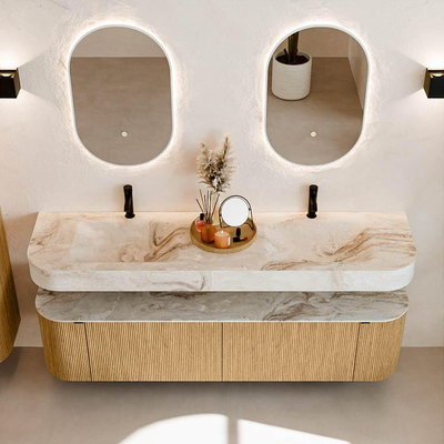 MONDIAZ THOR-DLUX 180cm badmeubel ronding links + rechts kleur Oak met 2 lades en 2 deuren. Vrijhangende wastafel CLOUD Dubbel 2 kraangaten kleur Frappe.