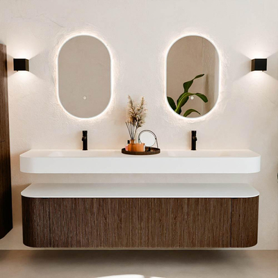 MONDIAZ THOR Meuble de salle de bains 190cm arrondi gauche + droite couleur Walnut avec 2 tiroirs et 2 portes. Vasque suspendue CLOUD Double 2 trous de robinet couleur Talc.