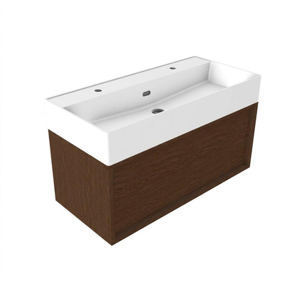 Saniclass Holz Frame Badkamermeubelset - 100x45x52cm - Legend keramische wastafel mat wit - 1 wasbak - 2 kraangaten - 1 lade - mat walnut pure (hout)