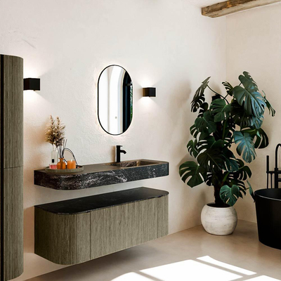 MONDIAZ THOR-DLUX 130cm meuble de salle de bains arrondi gauche + droite couleur Shadow avec 1 tiroir et 2 portes. Vasque suspendue CLOUD Droite 1 trou de robinet couleur Lava.