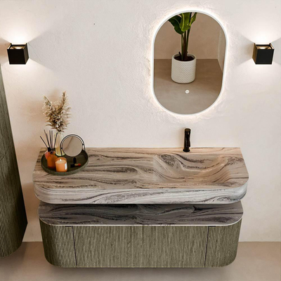 MONDIAZ THOR-DLUX 140cm meuble de salle de bains arrondi gauche + droite couleur Shadow avec 1 tiroir et 2 portes. Vasque suspendue CLOUD Droite 1 trou de robinet couleur Sombra.