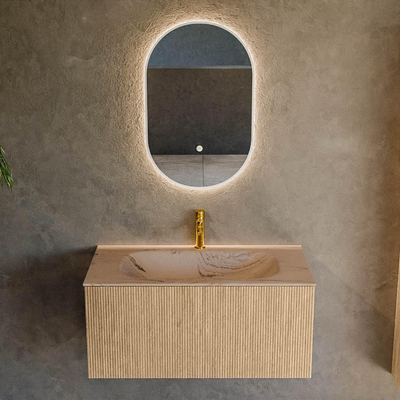 MONDIAZ KURVE-DLUX 90cm badmeubel kleur Oak met 1 lade en 0 deuren. Wastafel BIG SMALL Midden 1 kraangat Arena.