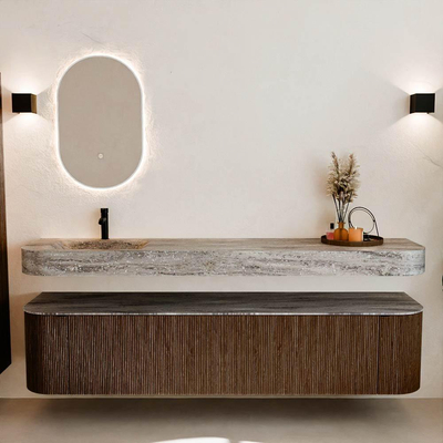 MONDIAZ THOR-DLUX 200cm meuble de salle de bains arrondi gauche + droite couleur Walnut avec 2 tiroirs et 2 portes. Vasque suspendue CLOUD Gauche 1 trou de robinet couleur Oza.