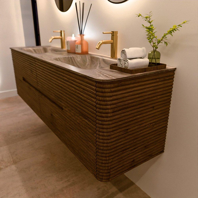 Mondiaz CIRO-DLUX Badkamermeubelset - 170x45x50cm - Solid surface wastafel Sombra - 2 wasbak Dubbel - 2 kraangaten - 4 lades - Dusk