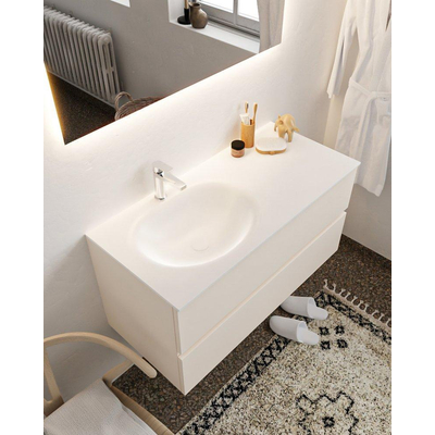 MONDIAZ VICA Ensemble de meuble salle de bain - 100cm - 2 tiroirs - lavabo Moon gauche - 1 trou de robinet - solid surface lin
