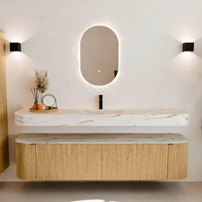 MONDIAZ THOR-DLUX Meuble de salle de bains - 190cm - arrondi gauche + droite - couleur Oak - 2 tiroirs - 2 portes - Vasque suspendue CLOUD Milieu 1 trou de robinet - couleur Nata