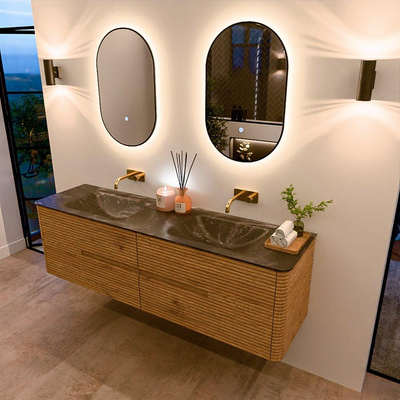 Mondiaz CIRO-DLUX Badkamermeubelset - 170x45x50cm - Solid surface wastafel Lava - 2 wasbak Dubbel - zonder kraangaten - 4 lades - Oak