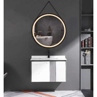 Saniclass Lonato Miroir avec éclairage rond diamètre 60cm avec bande en cuir avec éclairage LED et interrupteur infrarouge Noir mat