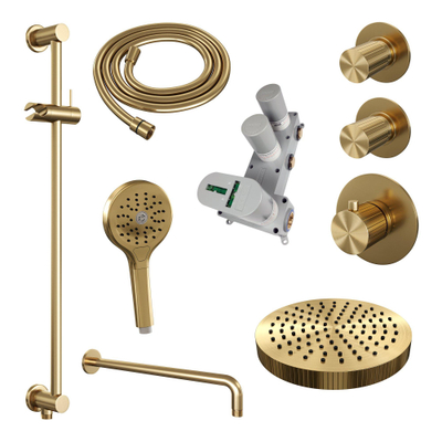 BRAUER Stripe Thermostatische Inbouw Regendouche - SET 11 - 25cm douchekop - gebogen muurarm - 3-standen handdouche - doucheslang - geïntegreerde glijstang - goud geborsteld PVD