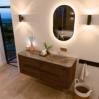 Mondiaz CIRO-DLUX Badkamermeubelset - 130x45x50cm - Solid surface wastafel Oza - 1 wasbak Rechts - zonder kraangaten - 4 lades - Dusk