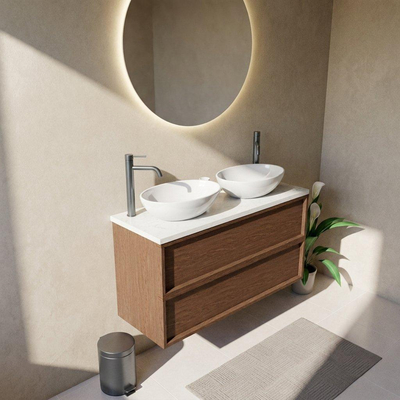 Saniclass Holz Frame Ensemble meuble de salle de bains - 120x45x63cm - Plan vasque en marbre Dia poli (blanc) - 2 trous de robinet - 2 tiroirs - mat walnut pure (bois)