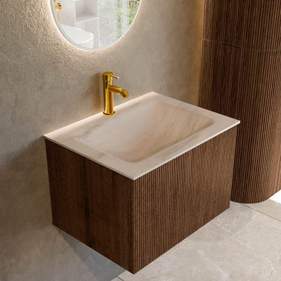 MONDIAZ KURVE-DLUX 60cm badmeubel kleur Walnut met 1 lade en 0 deuren. Wastafel CLOUD Midden 1 kraangat Meli.