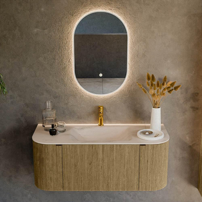 MONDIAZ KURVE-DLUX Meuble de salle de bains 110cm arrondi gauche + droite couleur Dusk avec 1 tiroir et 2 portes. Lavabo CLOUD au milieu 1 trou de robinet Meli.