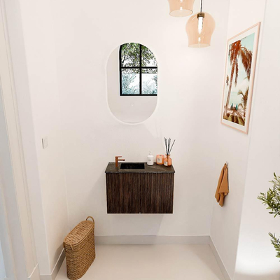 Mondiaz JOYA-DLUX 60cm toiletmeubel - kleur Walnut - Wastafel FAYE positie Links 1 kraangat kleur Lava.