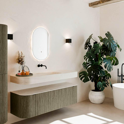 MONDIAZ THOR-DLUX 150cm meuble de salle de bains arrondi gauche + droite couleur Shadow avec 1 tiroir et 2 portes. Vasque suspendue CLOUD Milieu sans trou de robinet couleur Meli.