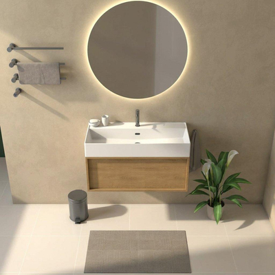 Saniclass Holz Frame Badkamermeubelset - 100x45x52cm - Legend keramische wastafel mat wit - 1 wasbak - 1 kraangat - 1 lade - mat eiken natural (hout)