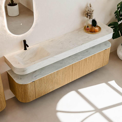 MONDIAZ THOR-DLUX 200cm meuble de salle de bains arrondi gauche + droite couleur Oak avec 2 tiroirs et 2 portes. Vasque suspendue CLOUD Gauche 1 trou de robinet couleur Opalo.