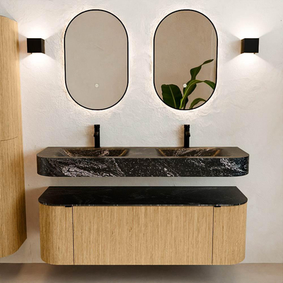 MONDIAZ THOR-DLUX 140cm badmeubel ronding links + rechts kleur Oak met 1 lade en 2 deuren. Vrijhangende wastafel CLOUD Dubbel 2 kraangaten kleur Lava.