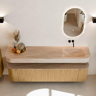 MONDIAZ THOR-DLUX 190cm badmeubel ronding links + rechts kleur Oak met 2 lades en 2 deuren. Vrijhangende wastafel CLOUD Rechts zonder kraangat kleur Saba.