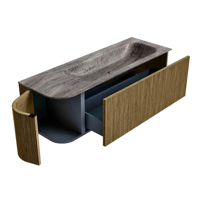MONDIAZ KURVE-DLUX Meuble de salle de bains 135 cm arrondi à gauche couleur Dusk avec 1 tiroir et 1 porte. Lavabo BIG MEDIUM à droite 1 trou de robinet Oza.
