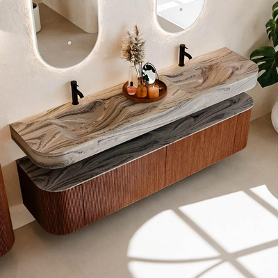 MONDIAZ THOR-DLUX Meuble de salle de bains 190cm arrondi gauche + droite couleur Ruby avec 2 tiroirs et 2 portes. Vasque suspendue CLOUD Double 2 trous de robinet couleur Sombra.