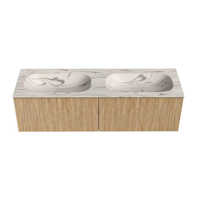MONDIAZ KURVE-DLUX Meuble de salle de bains 150cm couleur chêne avec 2 tiroirs et 0 portes. Lavabo STOR SMALL Double 2 trous de robinet Nata.