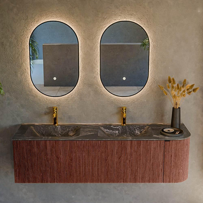 Mondiaz KURVE-DLUX Ensemble de meuble salle de bain - 155x46x40cm - 2 tiroirs - 1 porte - lavabo en solid surface - double / gauche - 2 trous de robinet - Ruby