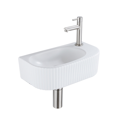 QeramiQ Fuente pack lave-mains – 40 x 21,5 x 12 cm – perçage à droite – robinet inox brossé – cannelé