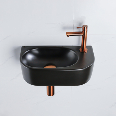 QeramiQ Fuente Ensemble lavabo WC - 40x21.5x12cm - droit - lisse - semi-circulaire - 1 trou de robinet - céramique - robinet de lave-mains cuivre brossé - bonde - siphon abaissé - noir mat