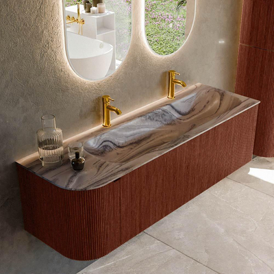 MONDIAZ KURVE-DLUX meuble de salle de bains 145cm arrondi à gauche couleur Ruby avec 1 tiroir et 1 porte. Vasque BIG LARGE à droite 2 trous de robinetterie Sombra.