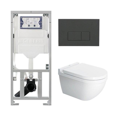 Duravit Starck 3 Toiletset - Geberit inbouwreservoir - toiletzitting Saniclass softclose zitting - QeramiQ bedieningsplaat met bedieningsplaat antraciet mat - rechthoekige knoppen - wit