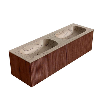 MONDIAZ KURVE-DLUX Meuble de salle de bains 150 cm couleur Ruby avec 2 tiroirs et 0 porte. Plan-vasque STOR SMALL Double sans trou de robinet Arena.