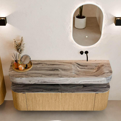 MONDIAZ THOR-DLUX 160cm badmeubel ronding links + rechts kleur Oak met 1 lade en 2 deuren. Vrijhangende wastafel CLOUD Rechts zonder kraangat kleur Sombra.