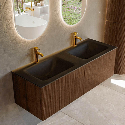 MONDIAZ KURVE 130cm badmeubel kleur Walnut met 2 lades. Wastafel CLOUD dubbel 2 kraangaten Urban.