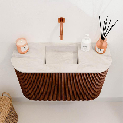Mondiaz JOYA-DLUX 63.2cm toiletmeubel - ronding links en rechts kleur Ruby - Wastafel FAYE positie Midden Zonder kraangat kleur Ostra.